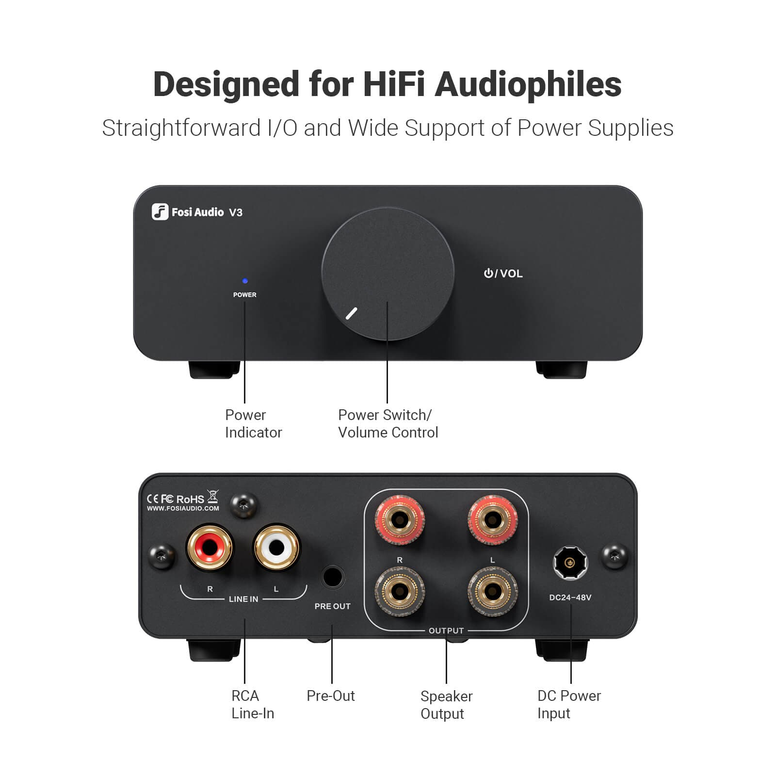 Fosi Audio V3 300Wx2 2.0 Channel Hi-Fi Stereo Audio Amplifier with Texas Instrument TPA3255 Chip