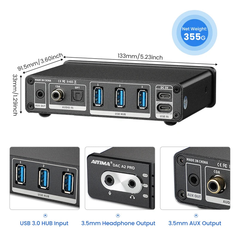 Aiyima DAC-A2 Pro Headphone DAC AMP with Bass and Treble Adjustment Control