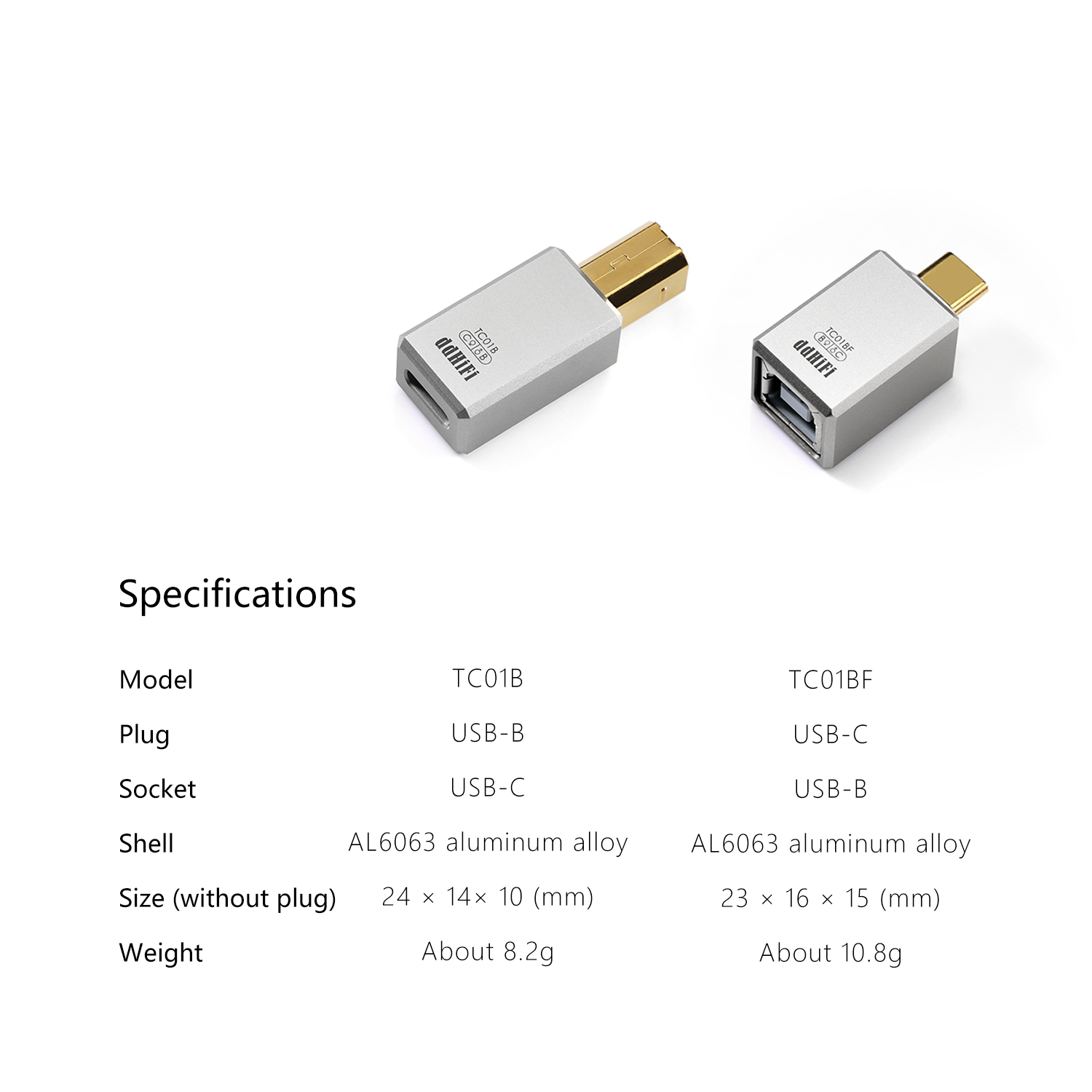 DD Hifi TC01B USB-C Female to USB-B Male | TC01BF USB-B Female to USB-C Male |
