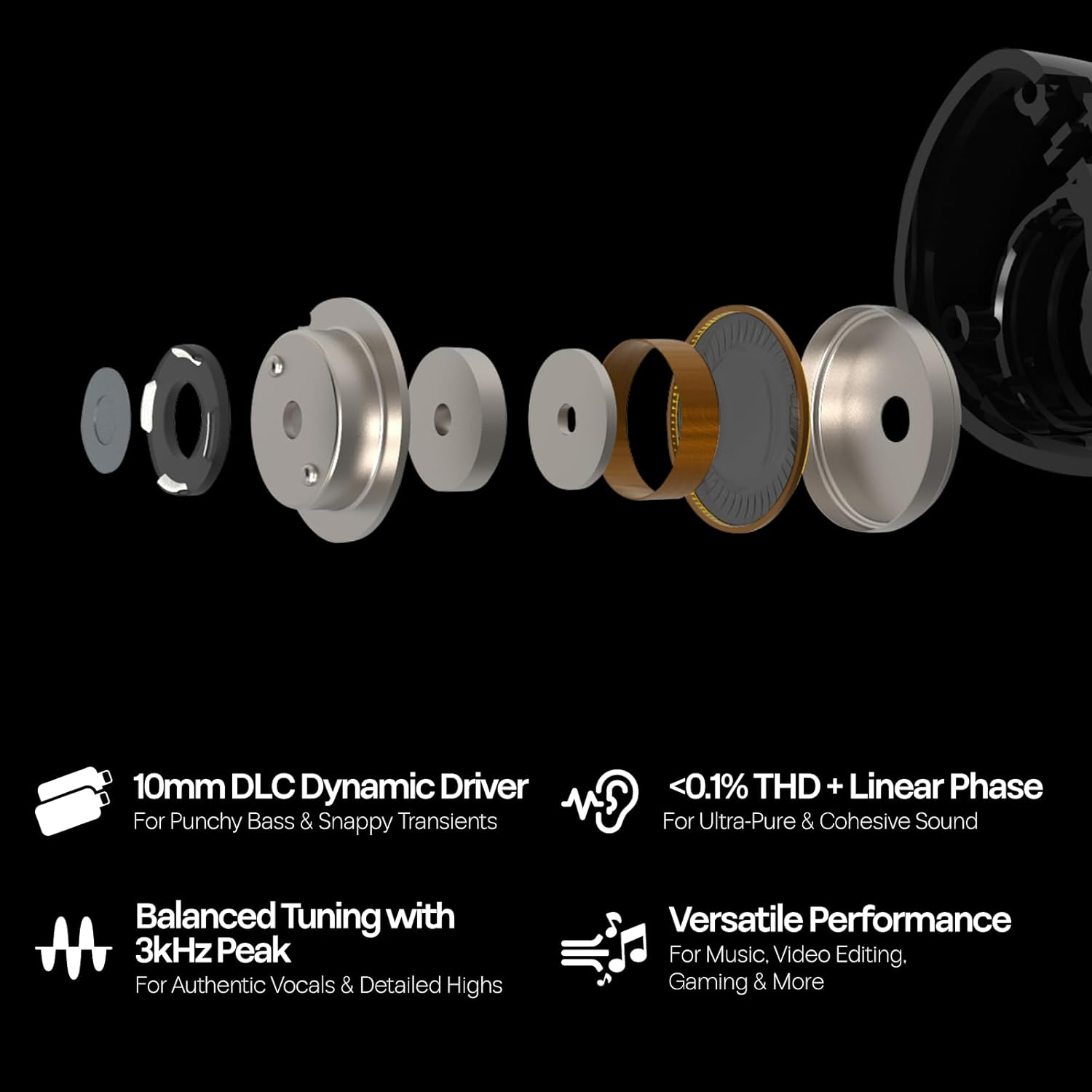 Kiwi Ears Belle 10mm DLC Dynamic Driver in-Ear Monitor (IEM), CNC Machined Chassis, Dual Silver-Plated Cables