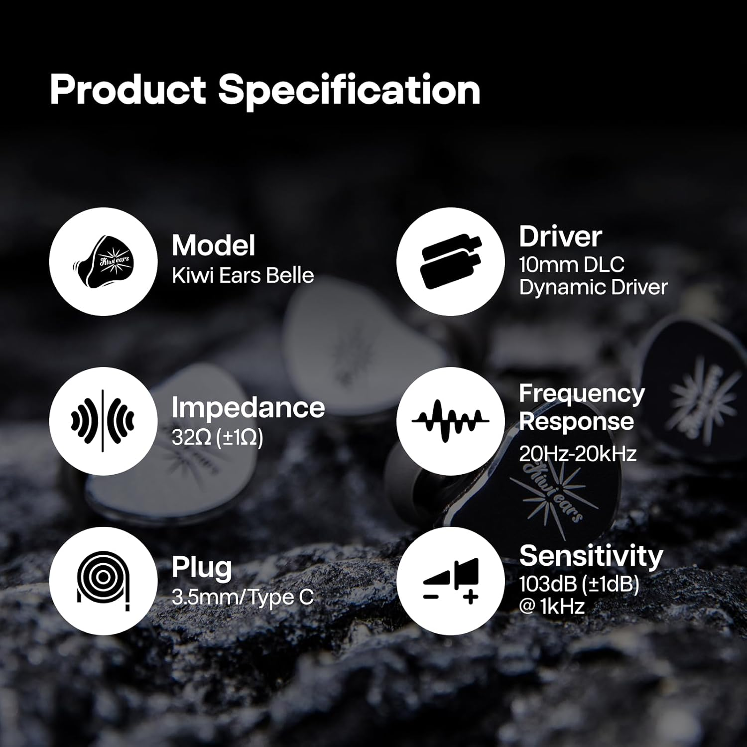 Kiwi Ears Belle 10mm DLC Dynamic Driver in-Ear Monitor (IEM), CNC Machined Chassis, Dual Silver-Plated Cables