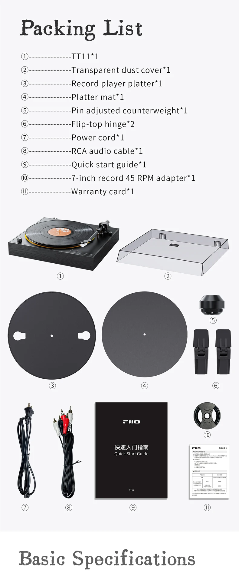 FIIO TT11 Fully Bluetooth Vinyl Automatic Turntable | Built-in Preamp | Line & Phono Output | 2-Speed (33/45 RPM)