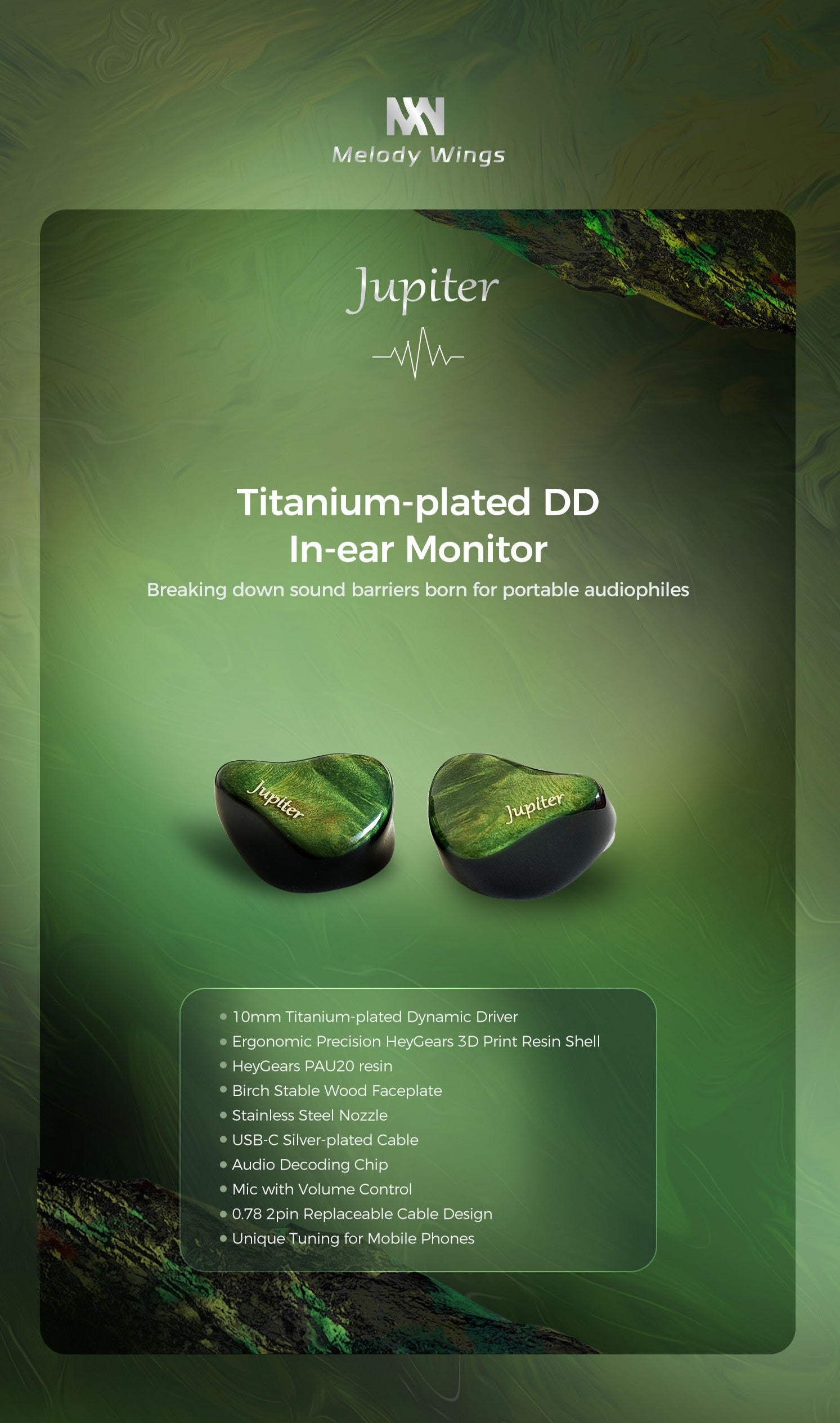Melody Wings Jupiter | Titanium-plated 1DD In-Ear Monitors | Mobile Gaming IEM, Ergo Earphones USB C With Mic & Volume