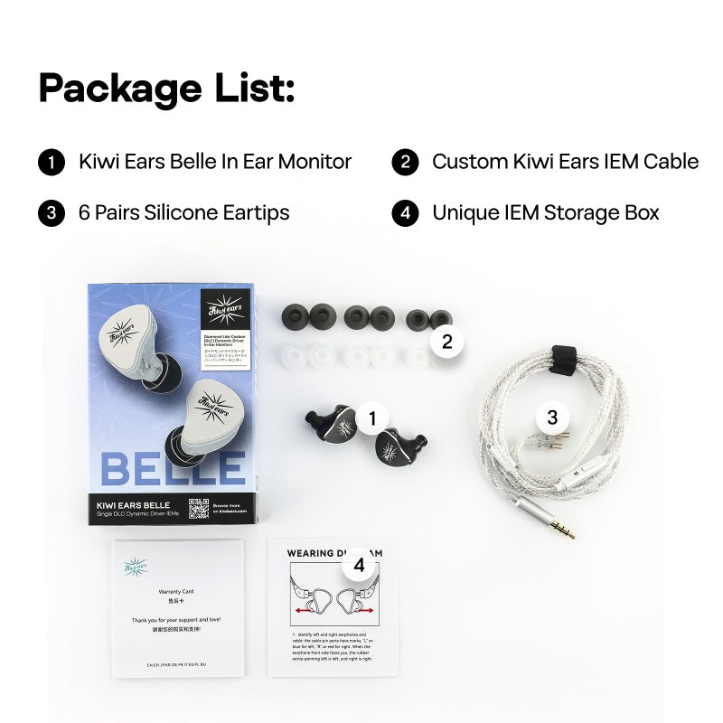 Kiwi Ears Belle 10mm DLC Dynamic Driver in-Ear Monitor (IEM), CNC Machined Chassis, Dual Silver-Plated Cables