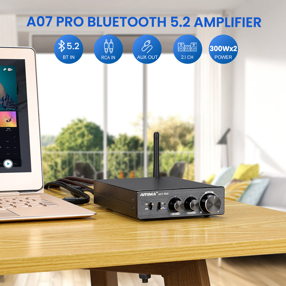 AIYIMA A07 Pro - Bluetooth Wireless/Wired Power Amplifier (4-8Ω) for Passive Speakers (include Power Adapter)