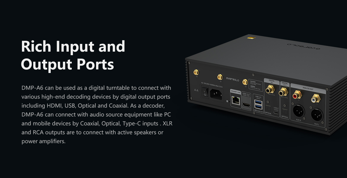 EVERSOLO DMP A6 Streamer & 2x ES9038Q2M DAC with FULL MQA DECODING, DSD512 Native, PCM768KHz / M.2 NVME 3.0 SSD /