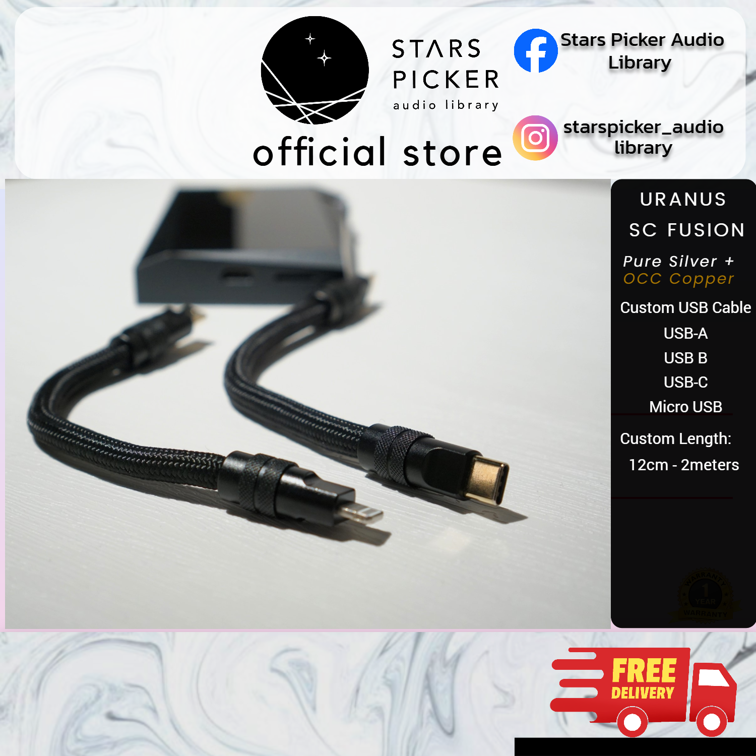 Uranus USB - SC Fusion (Pure Silver & OCC Copper USB Cable) USB A, USB C, USB B