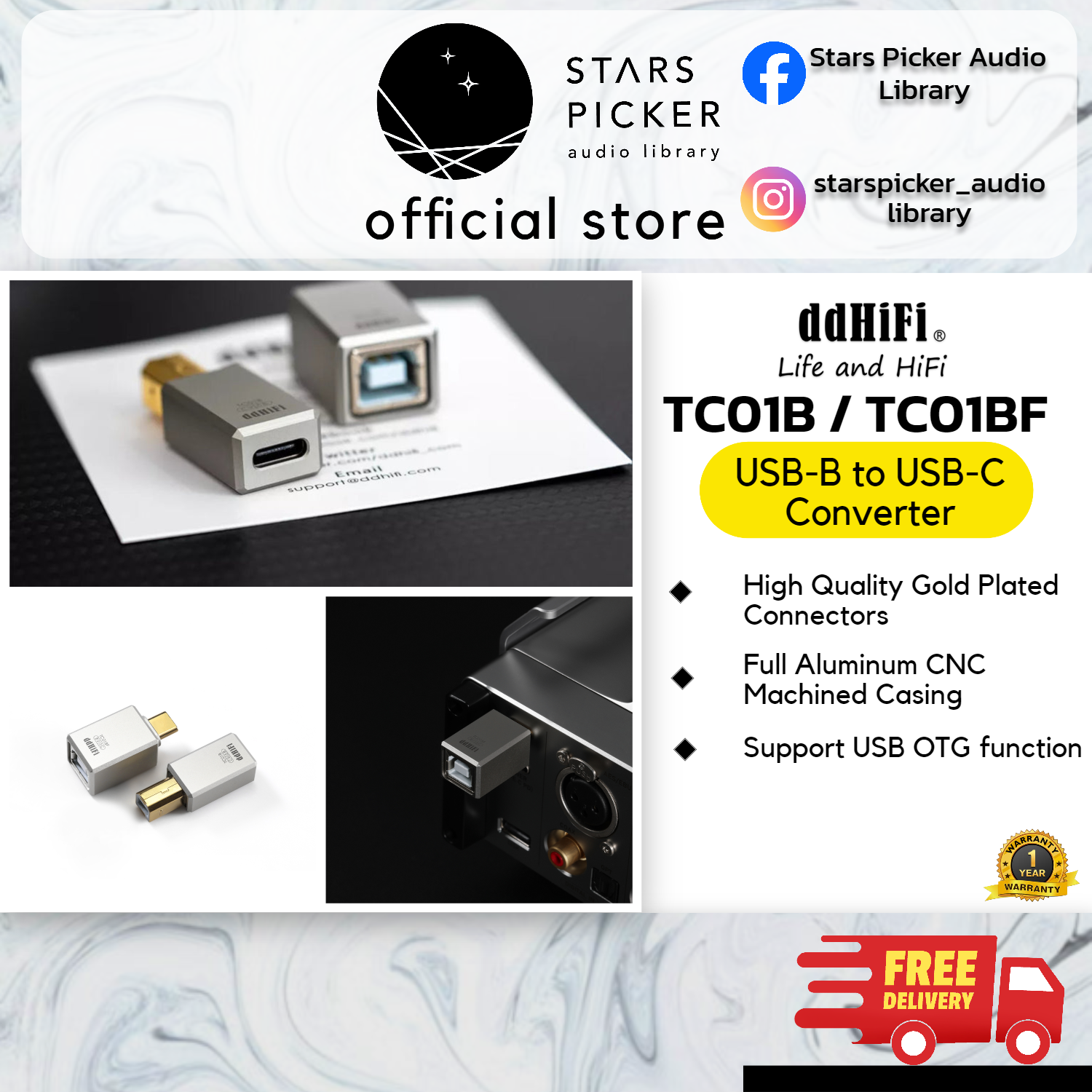 DD Hifi TC01B USB-C Female to USB-B Male | TC01BF USB-B Female to USB-C Male |