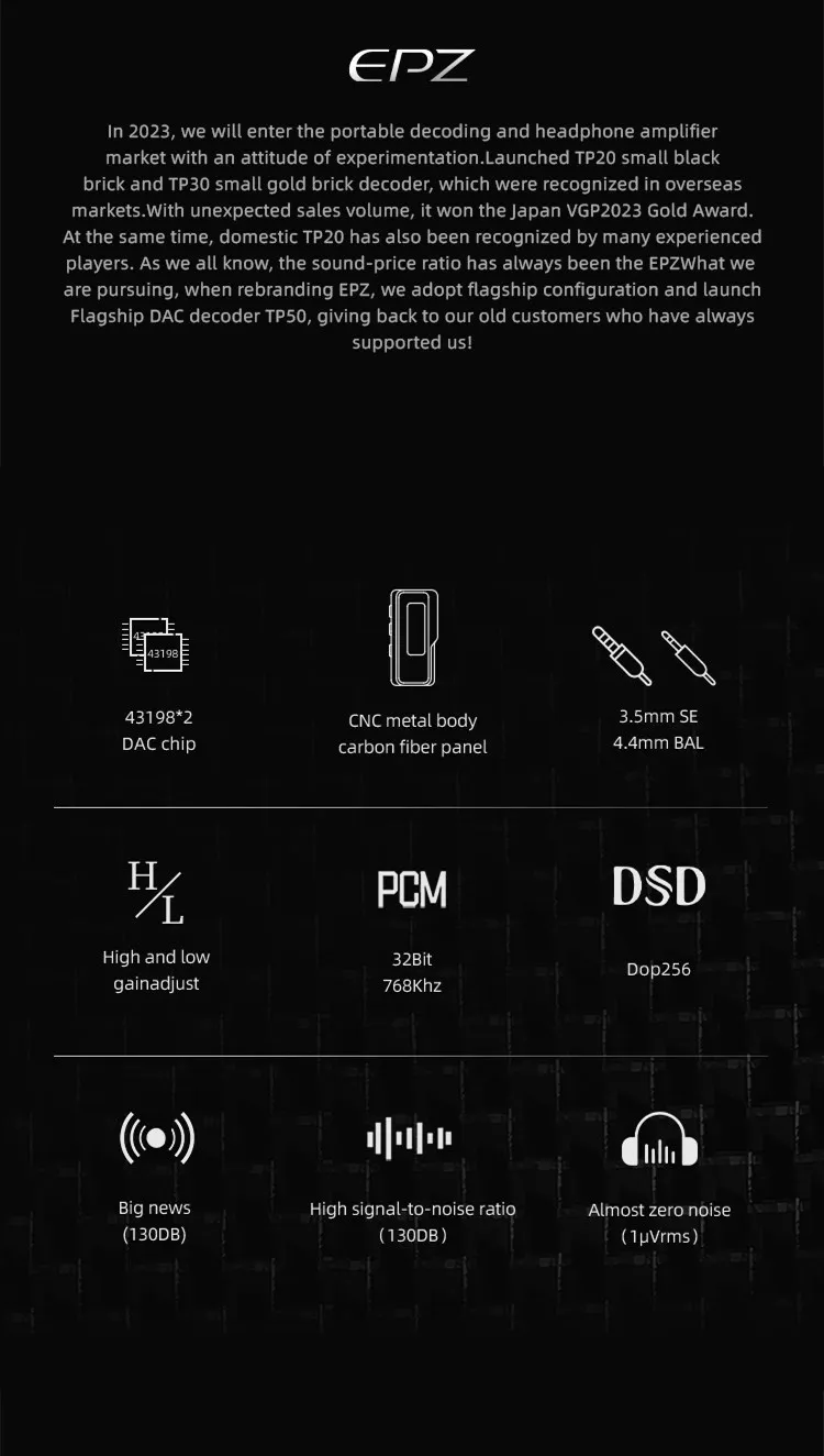 EPZ TP50 Portable Dongle DAC AMP with Dual CS43198 flagship DAC 32Bit/768KHz DSD256
