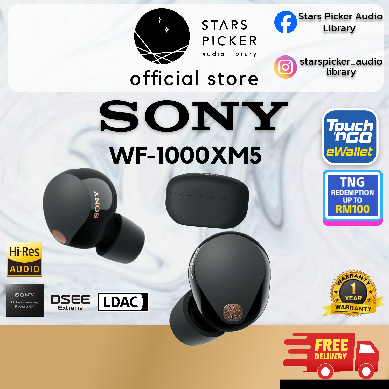 Sony WF-1000XM5 - IPX4 Hi-Res LDAC BT Noise Cancelling Hi-Res TWS True Wireless Bluetooth Earphone