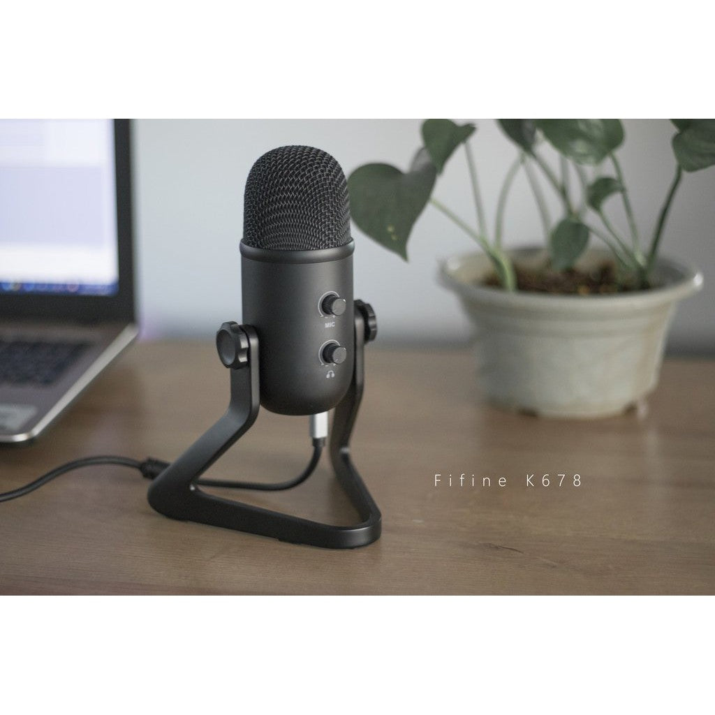 Fifine K678 Mikrofon USB Dengan Bicu Monitor Kawalan Output & Keuntungan Input Dan Butang Redam
