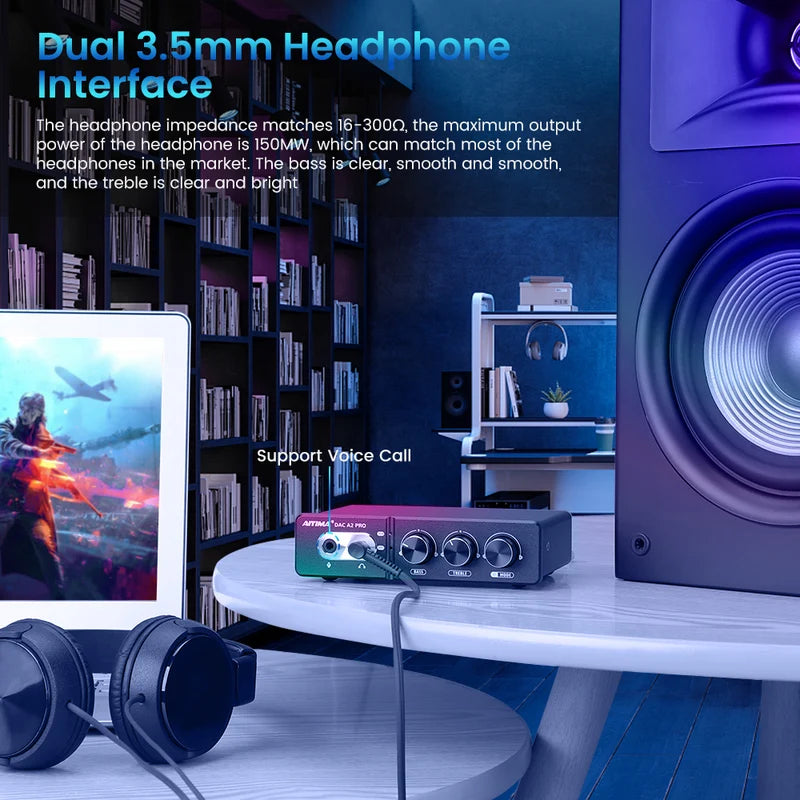 Aiyima DAC-A2 Pro Headphone DAC AMP with Bass and Treble Adjustment Control