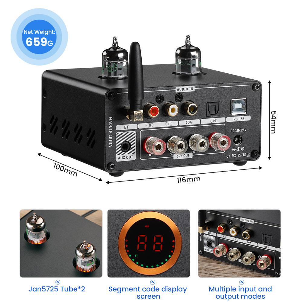 AIYIMA T9 Pro Wireless/Wired DAC Tube Power Amplifier (4-8Ω) for Passive Speakers (include Power Adapter)