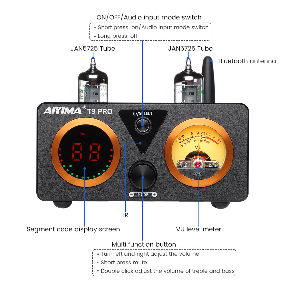 AIYIMA T9 Pro Wireless/Wired DAC Tube Power Amplifier (4-8Ω) for Passive Speakers (include Power Adapter)