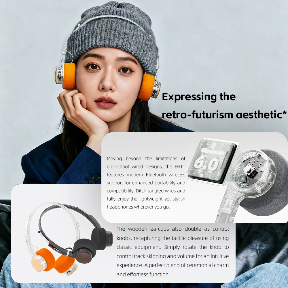 FiiO EH11 Retro On-Ear Bluetooth Headphones, LDAC Hi-Res Wireless with Built-in Mic