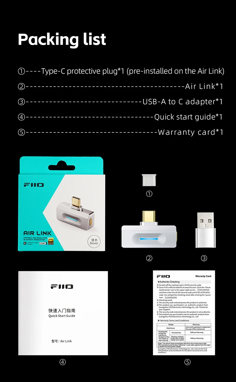 FiiO Air Link Type-C Bluetooth Transmitter BT6.0 for Mobile to Wireless Headphones LDAC AptX Adaptive
