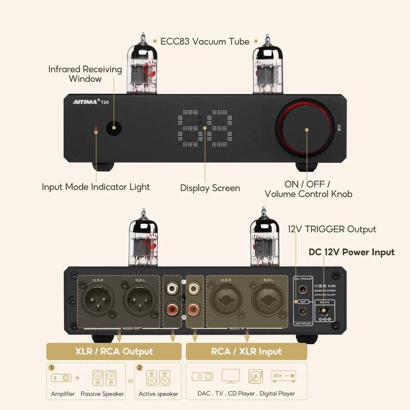 AIYIMA T20 Fully Balanced Hi-Fi Tube Preamplifier audio passive speakers UK plug