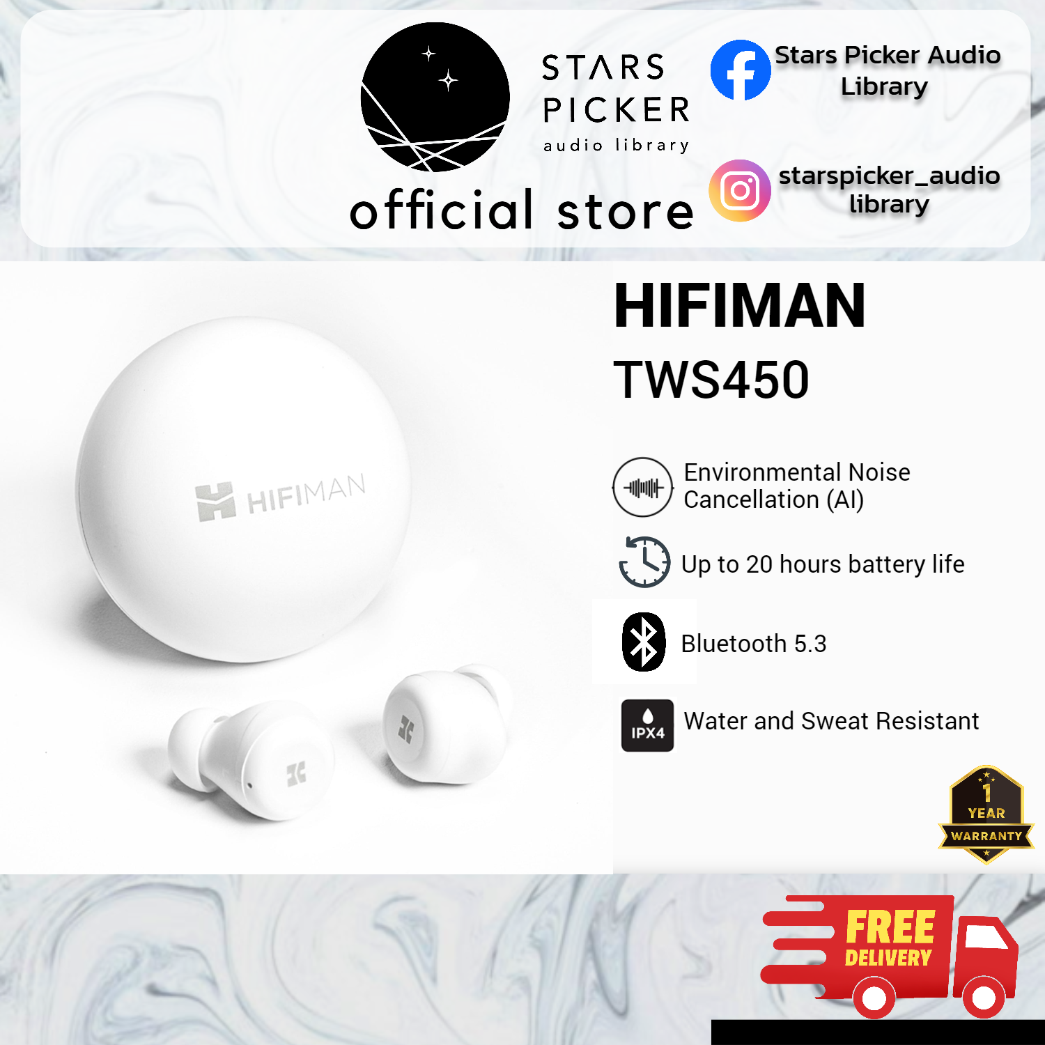 Hifiman TWS 450 Audiophile Grade TWS Earbuds Wireless Earphone Bluetooth IPX4 Waterproof