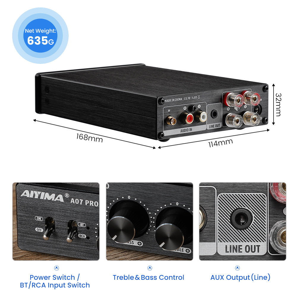 AIYIMA A07 Pro - Bluetooth Wireless/Wired Power Amplifier (4-8Ω) for Passive Speakers (include Power Adapter)