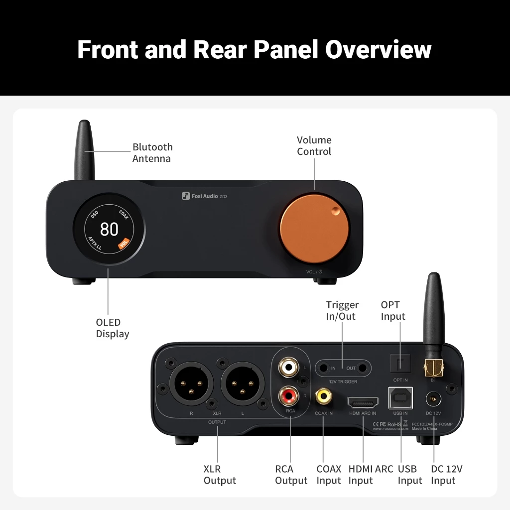 FOSI AUDIO ZD3 Bluetooth Desktop DAC Preamp ARC Input, ES9039Q2M Fully Balanced DAC with Remote