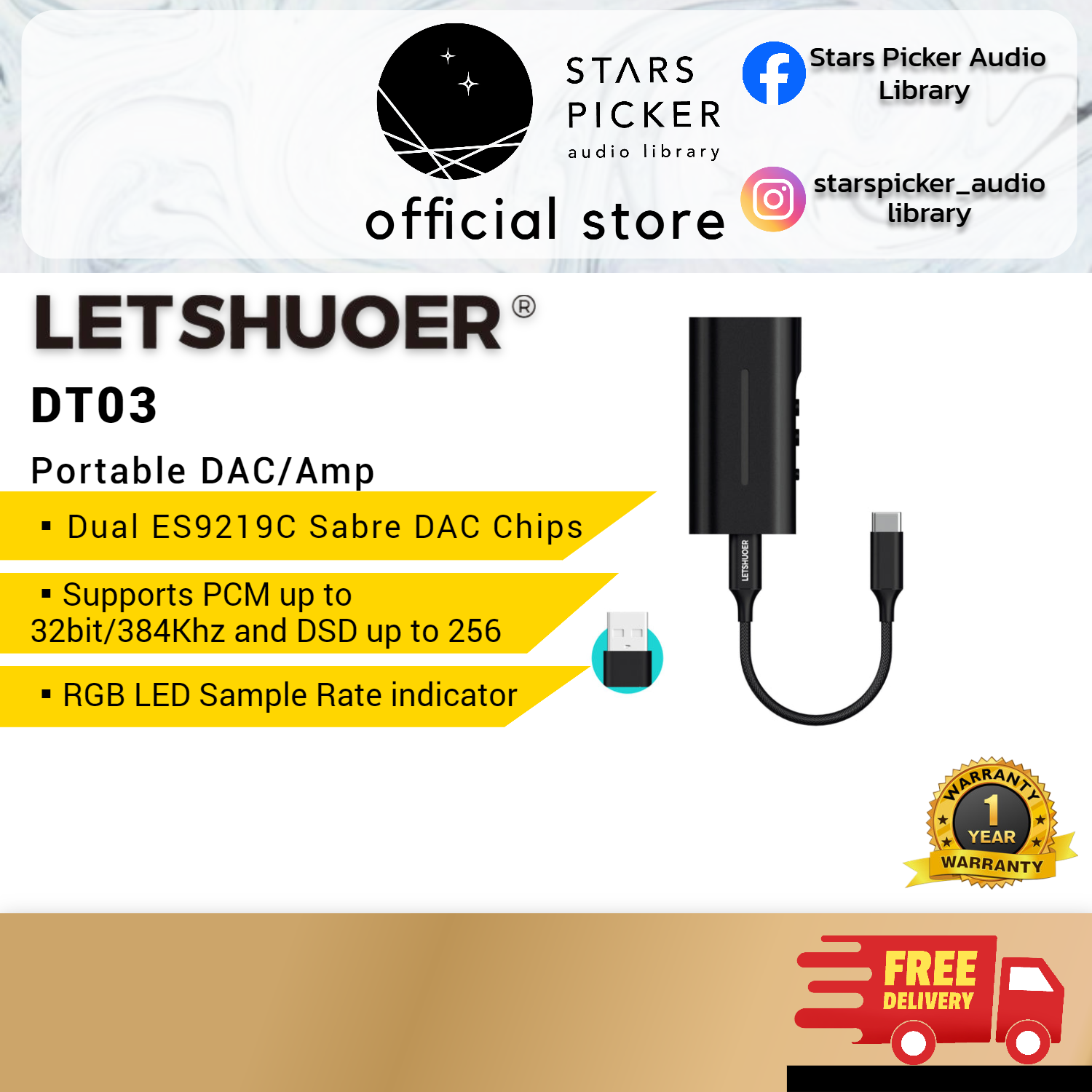 Letshuoer DT03 Dongle Dac Amp Portable Dac ES9219C with Dual Headphone Output 3.5mm and 4.4mm