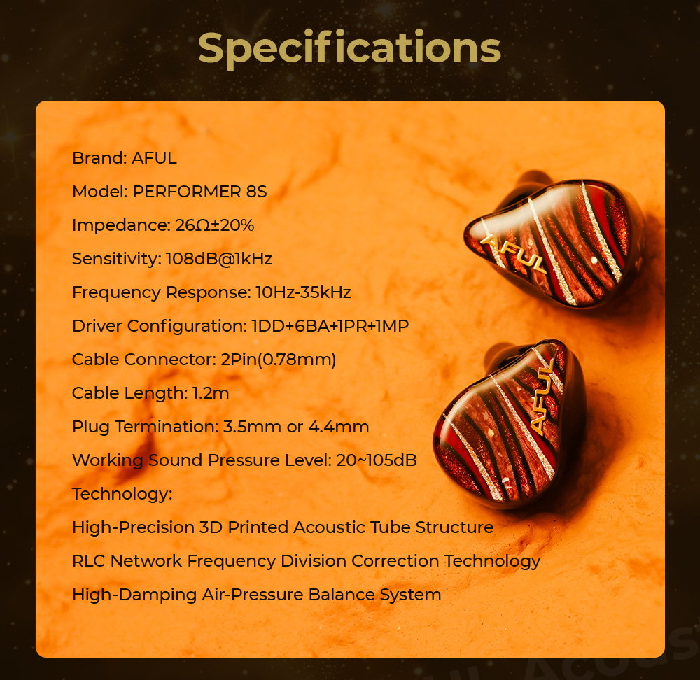 AFUL Performer 8S IEM | 1DD + 6BA + 1 PR + 1 Micro Planar In-Ear Monitors | Dual Bass Modes | Micro Resonance Technology |