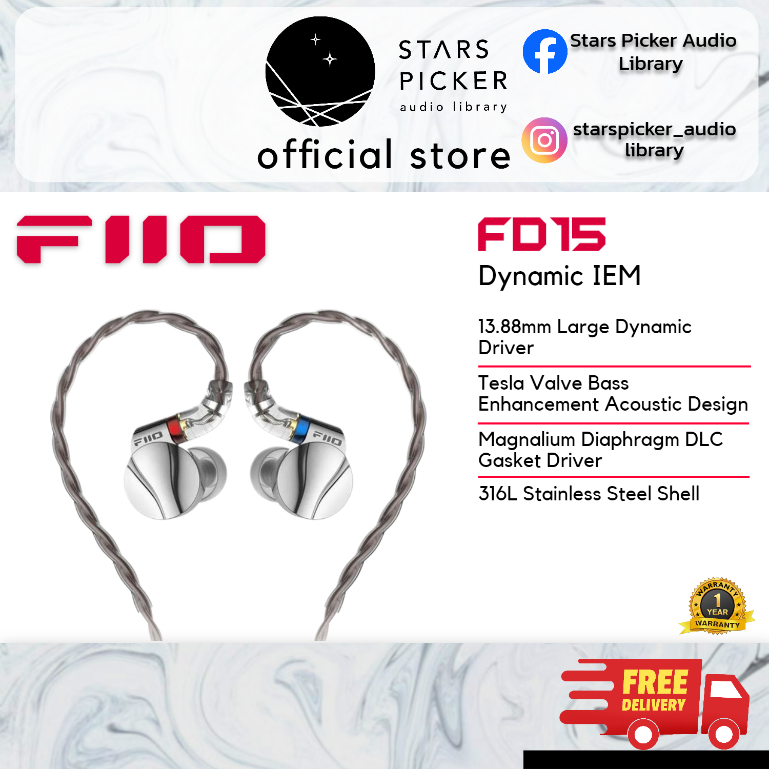 (PM BEST PRICE) Fiio FD15 Dynamic Driver IEM Earphones Stainless Steel Shell with Tesla Bass Acoustic Chamber Design