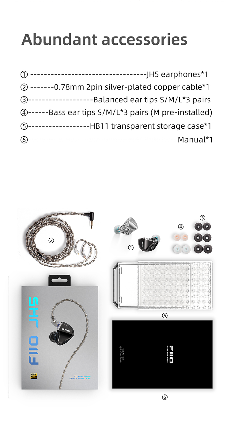 Fiio JH5 - 1 Dynamic + 4 BA Hybrid IEM, 10mm Carbon Based Dynamic Driver