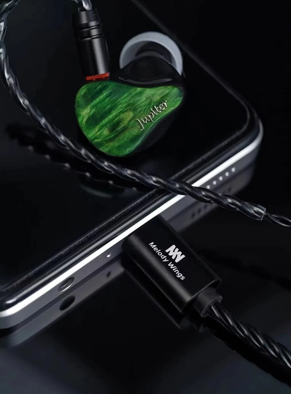 Melody Wings Jupiter | Titanium-plated 1DD In-Ear Monitors | Mobile Gaming IEM, Ergo Earphones USB C With Mic & Volume