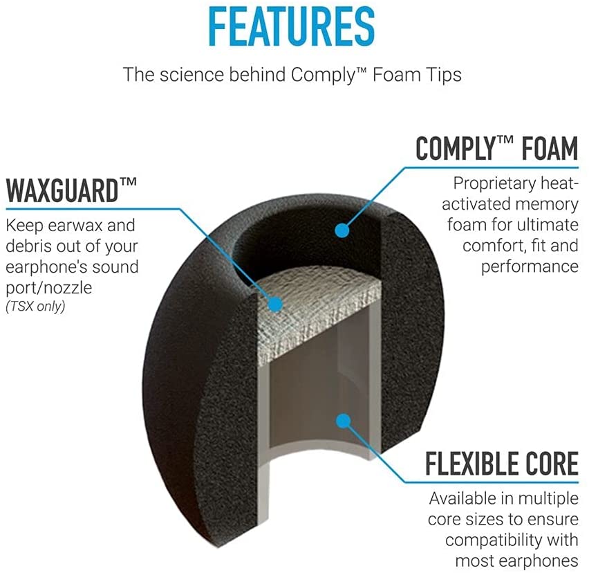 Comply TSx-100 / TSx-200 / TSx-400 / TSx-500 Comfort TS-series Memory Foam Eartips with Waxguard